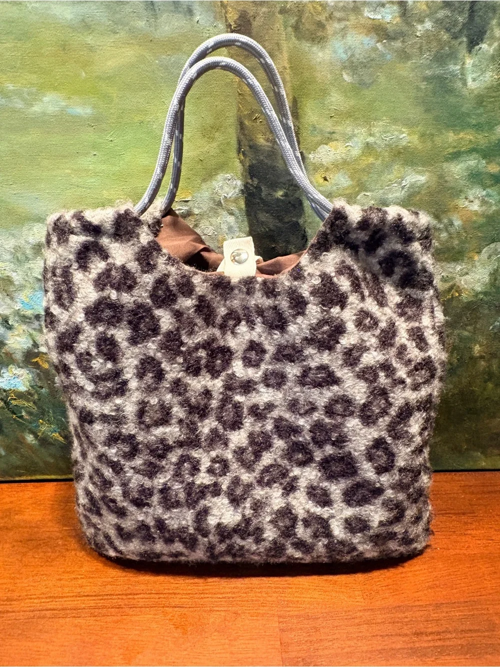 Leopard Print Faux Wool Tote and Crossbody Set - Gray